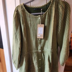 Gudrun Sjoden Olive Green Check Cotton Tunic Blouse